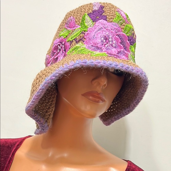 Chic Floral Embroidered Crochet Hat in  Cafe latte/Brown and Purple